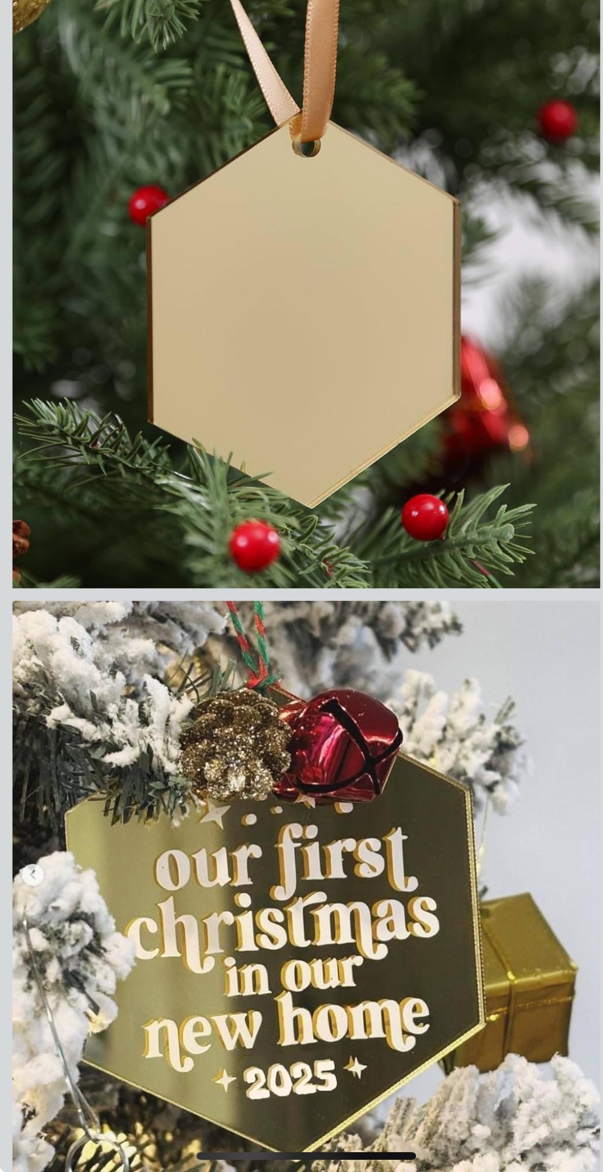 Personalized “10pc” Gold Mirrored Acrylic Christmas Ornament Set, Blank Hexagon Ornaments,