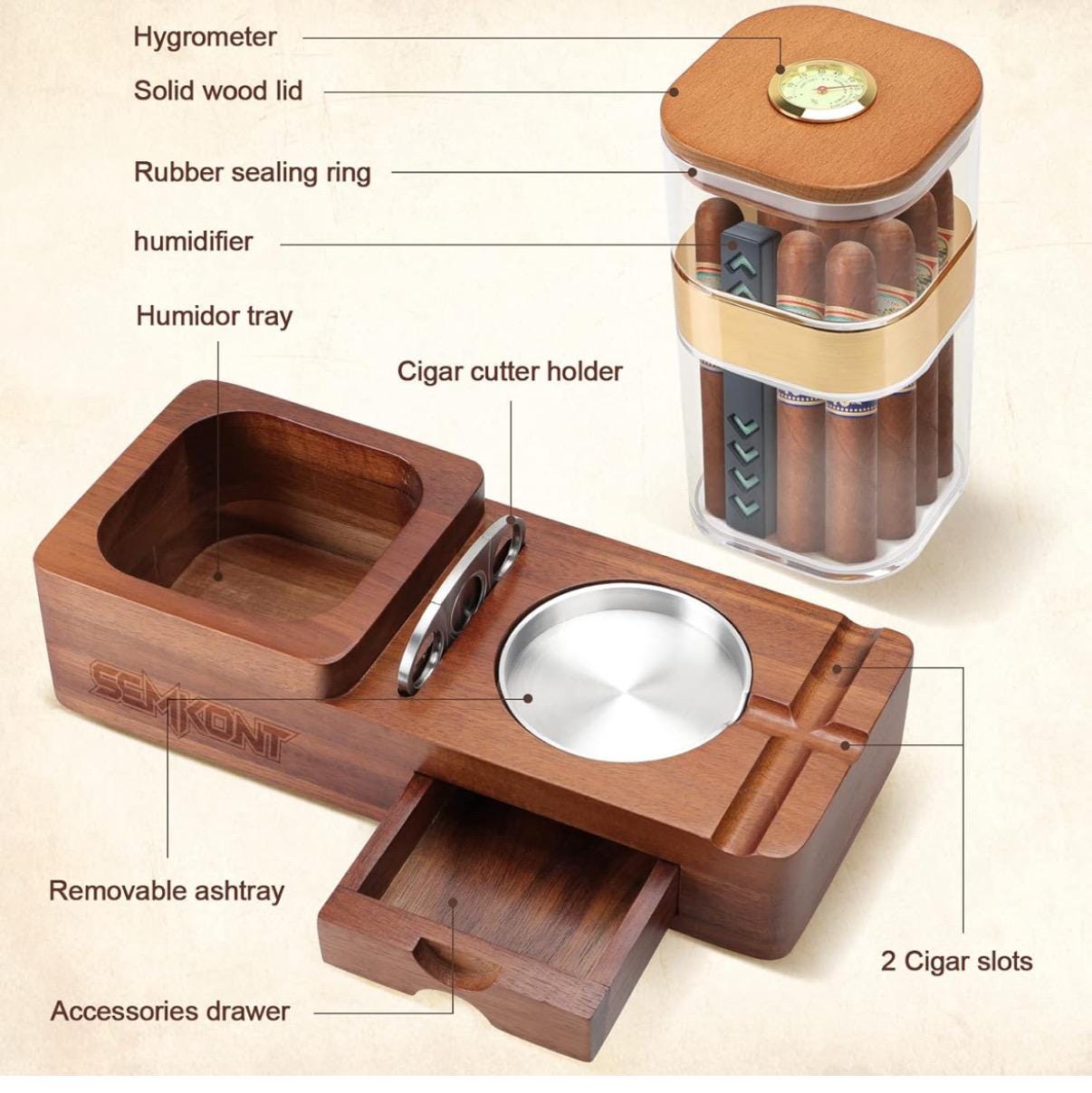 Personalized Cigar Humidor and Ashtray Set,Wooden Tray with Acrylic Humidor Jar,Cutter Holder,Drawer,Slot and Cigar Cutter