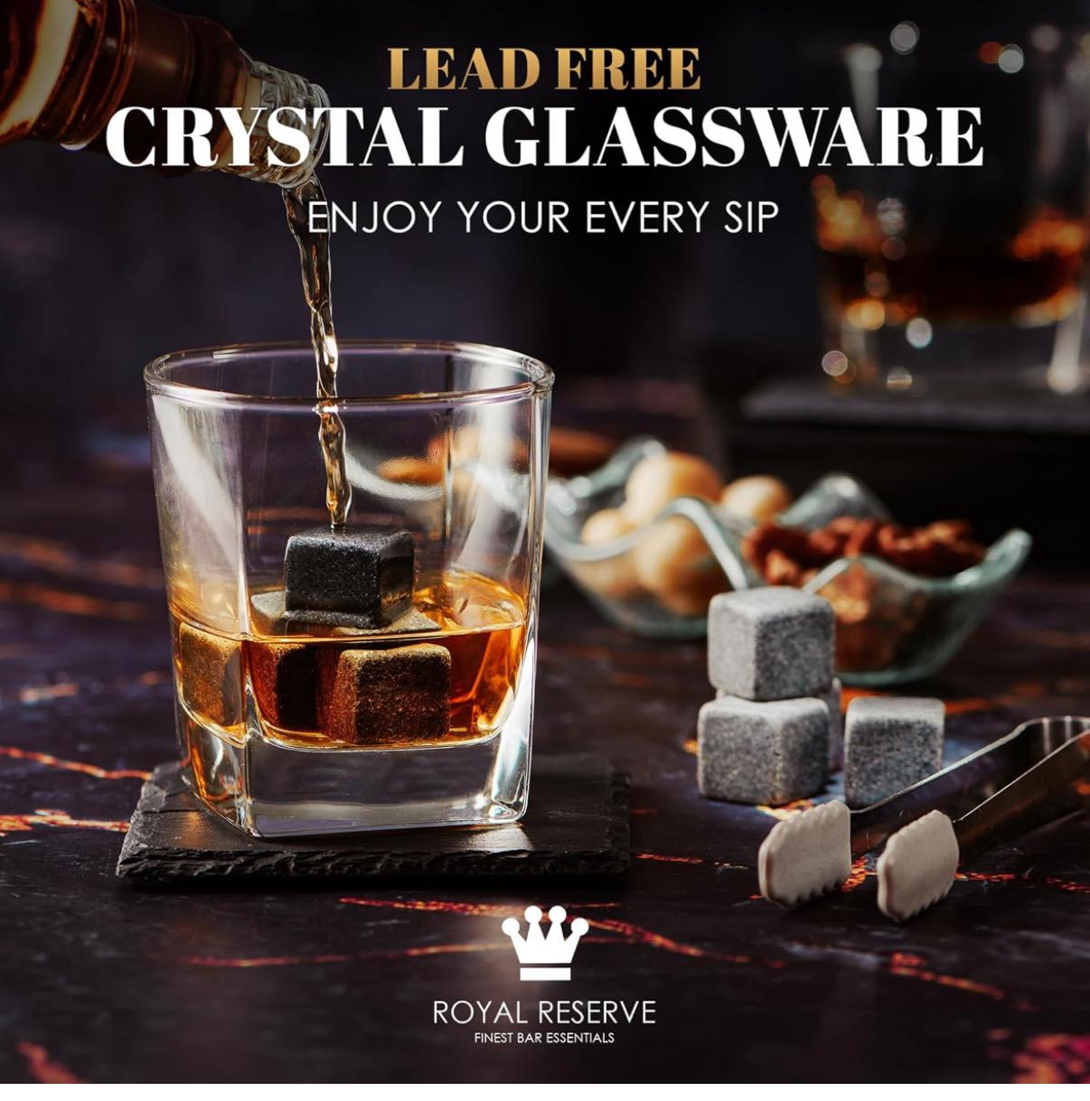 Personalized Whiskey Stones Gift Set by Royal Reserve, Artisan Crafted Scotch Bourbon Glasses, Chilling Rocks, Coasters and Tongs