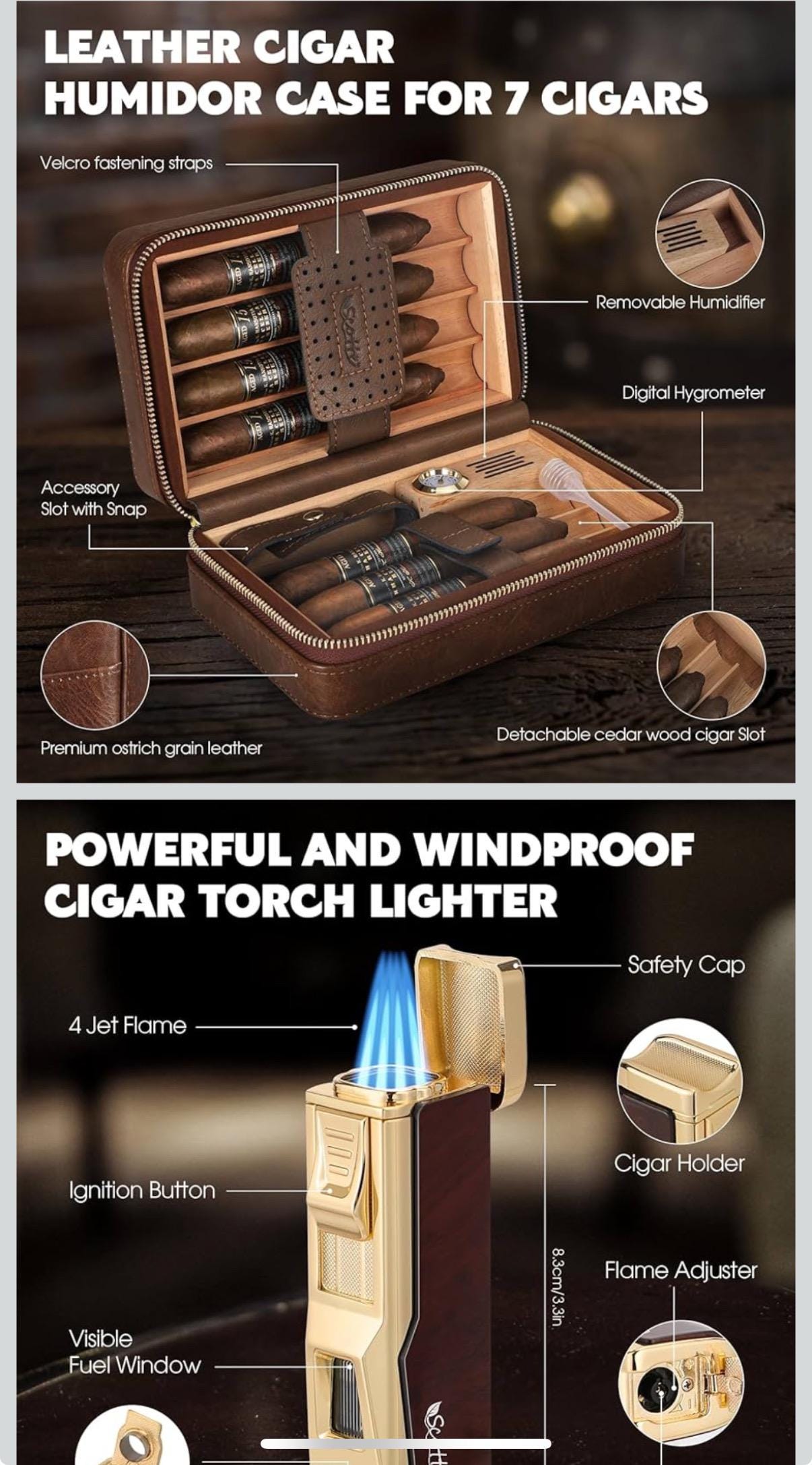 Personalized Scotte Cigar Humidor Box, Cigar Lighter Cedar Wood Lined Leather Cigar Case Built in Hygrometer & Humidifier, Torch Lighter