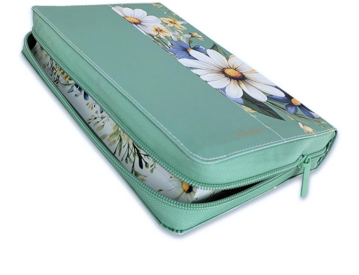 Personalized Biblia para Mujeres Letra Gigante Manual 14 puntos con Cierre y canto floral RV1960 verde y girasoles con indice