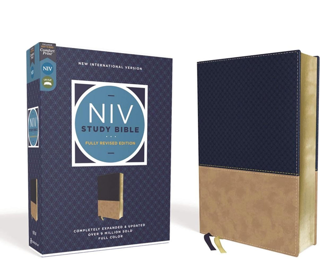 Biblia de estudio NVI personalizada – Piel sintética azul marino/marrón claro, letra roja