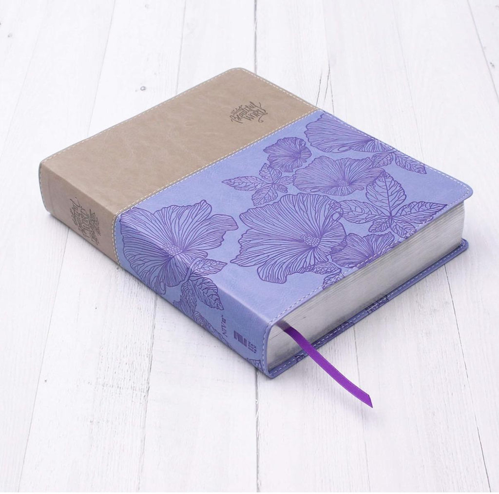 Biblia para colorear Beautiful Word de la NVI, de letra grande, personalizada, piel sintética, morado/marrón: Cientos de versículos para colorear