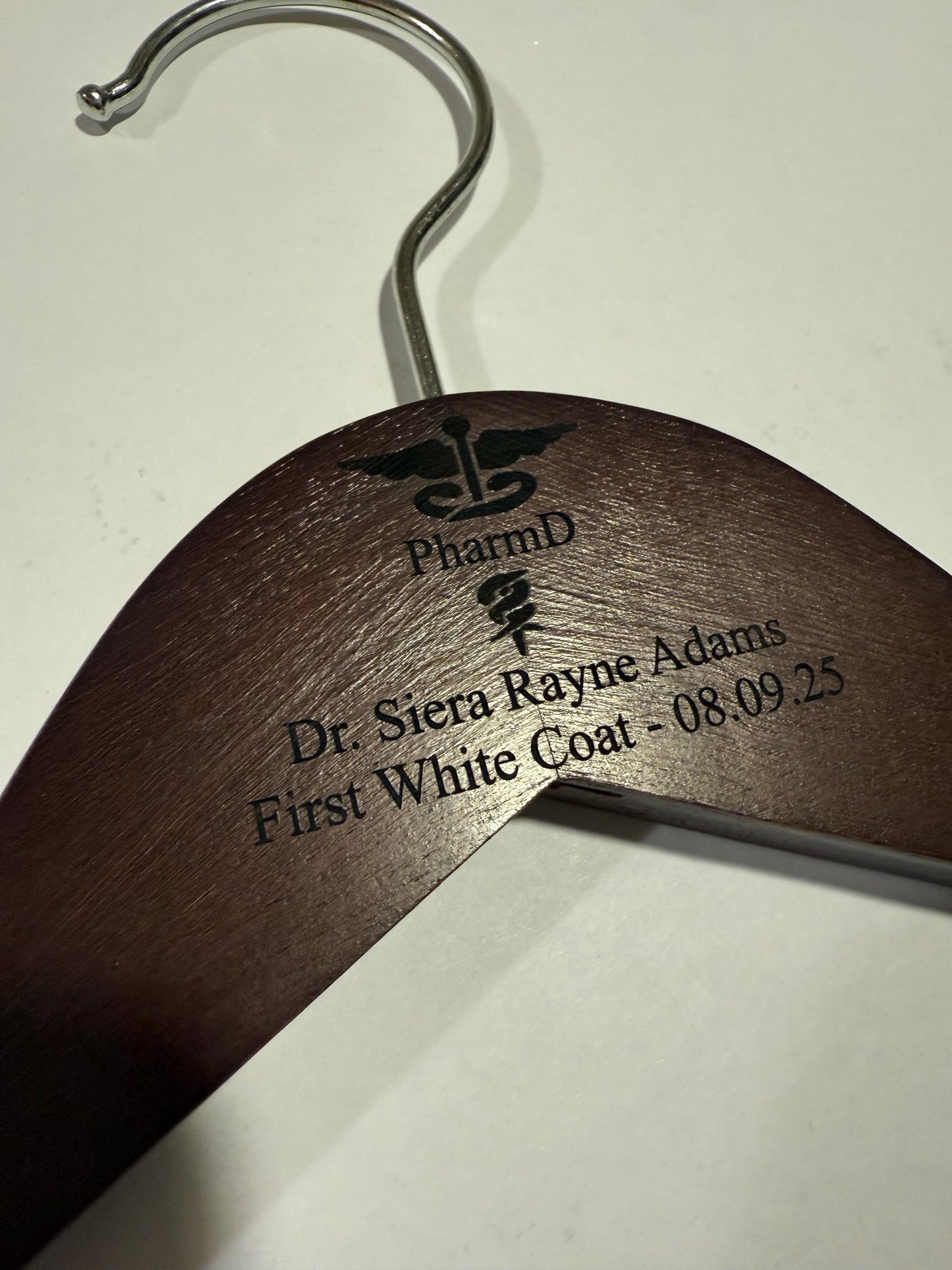 Personalized Mahogany White Coat Hanger, Graduation Gift