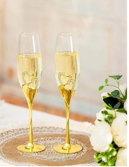 Personalized Wedding Champagne Flutes, Gold Rhinestone Hearts, Set of 2