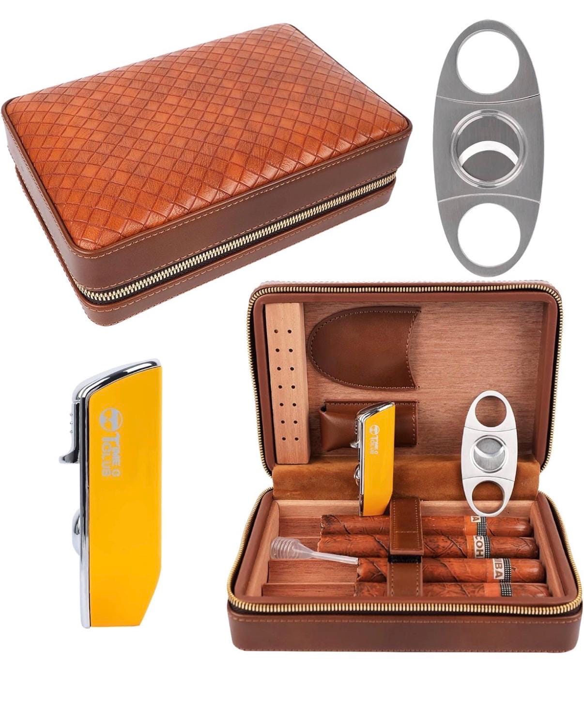 Personalized 4-Finger Portable Brown Weave Texture Travel Leather Cigar Case, Cigar Cutter, Cigar Humidor with and Humidifier