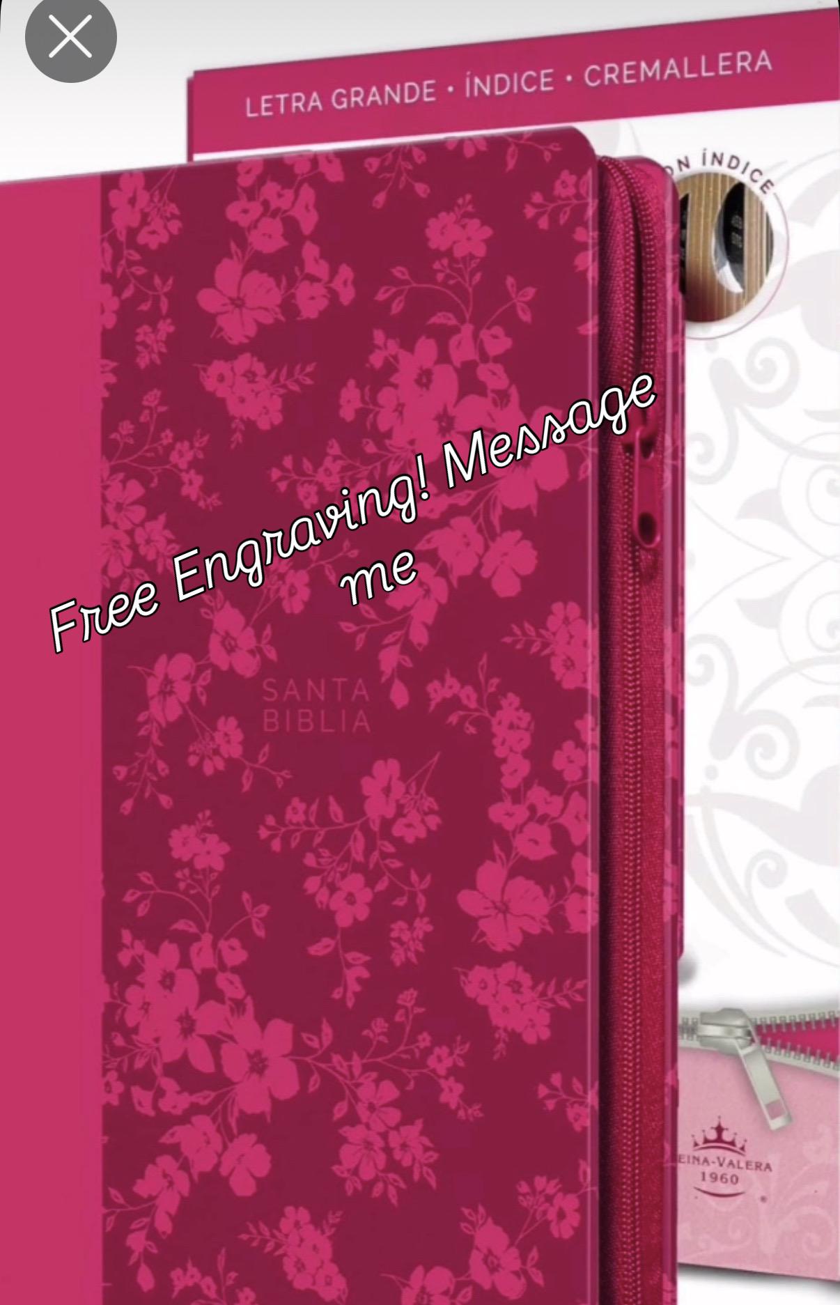 Personalized Biblia Reina Valera 1960 letra grande. Símil piel fucsia, cremallera, índice, manual / Spanish Bible RVR 1960. Handy Size, Larg