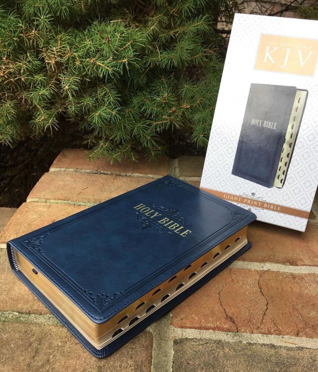 Biblia KJV personalizada | Piel sintética azul marino con relieve, letra gigante