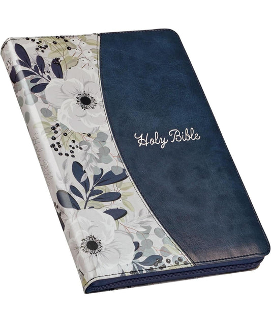 Personalized KJV Holy Bible, Thinline Large Print Faux Leather Red Letter Edition Thumb Index Ribbon Marker, King James Version, Blue Zipper