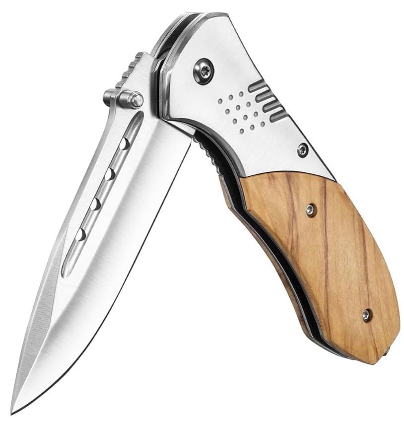 Navaja plegable personalizada - Hoja afilada de 3.46" y mango de madera de olivo