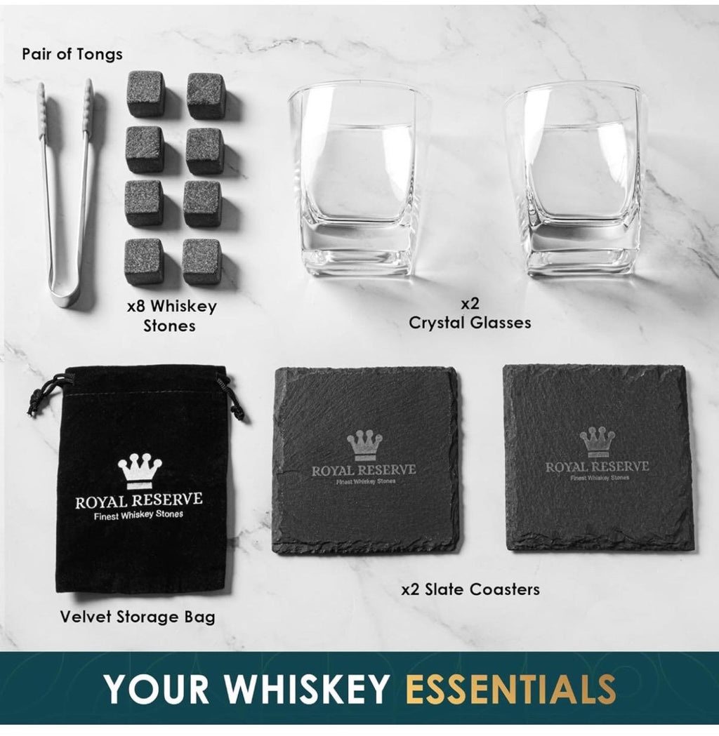 Set de regalo de piedras de whisky personalizadas de Royal Reserve, vasos de whisky escocés y bourbon artesanales, piedras enfriadoras, posavasos y pinzas