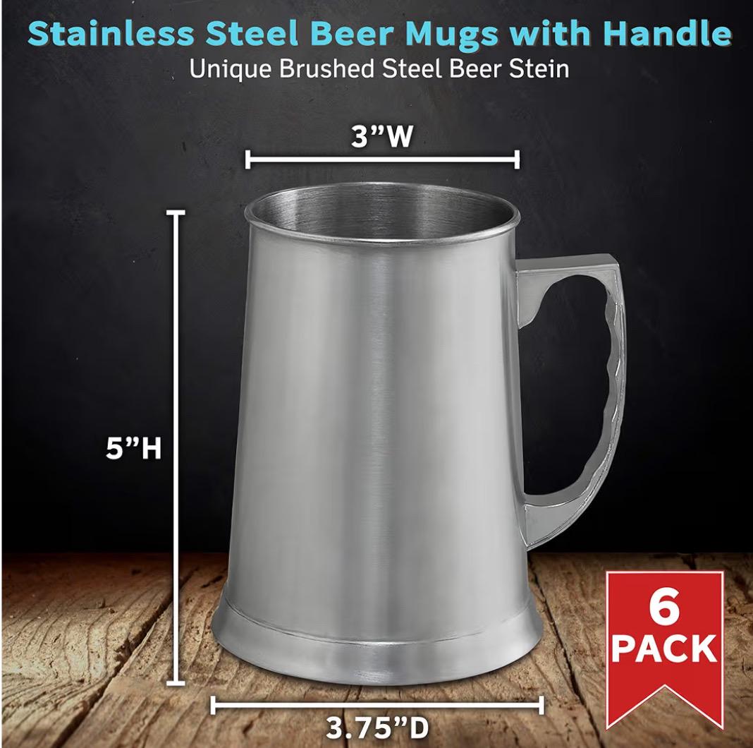 Personalized Stainless Steel Beer Stein Mug 13.5 oz. Set of 6, Bulk Pack - Groomsman, Tailgating , Pub - Silver