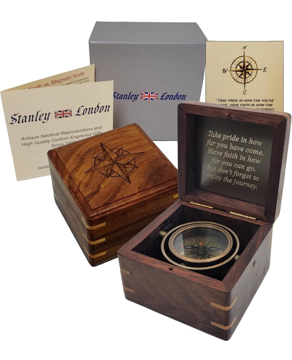 Personalized Compass | Antique Brass, Wood Box, Stanley London