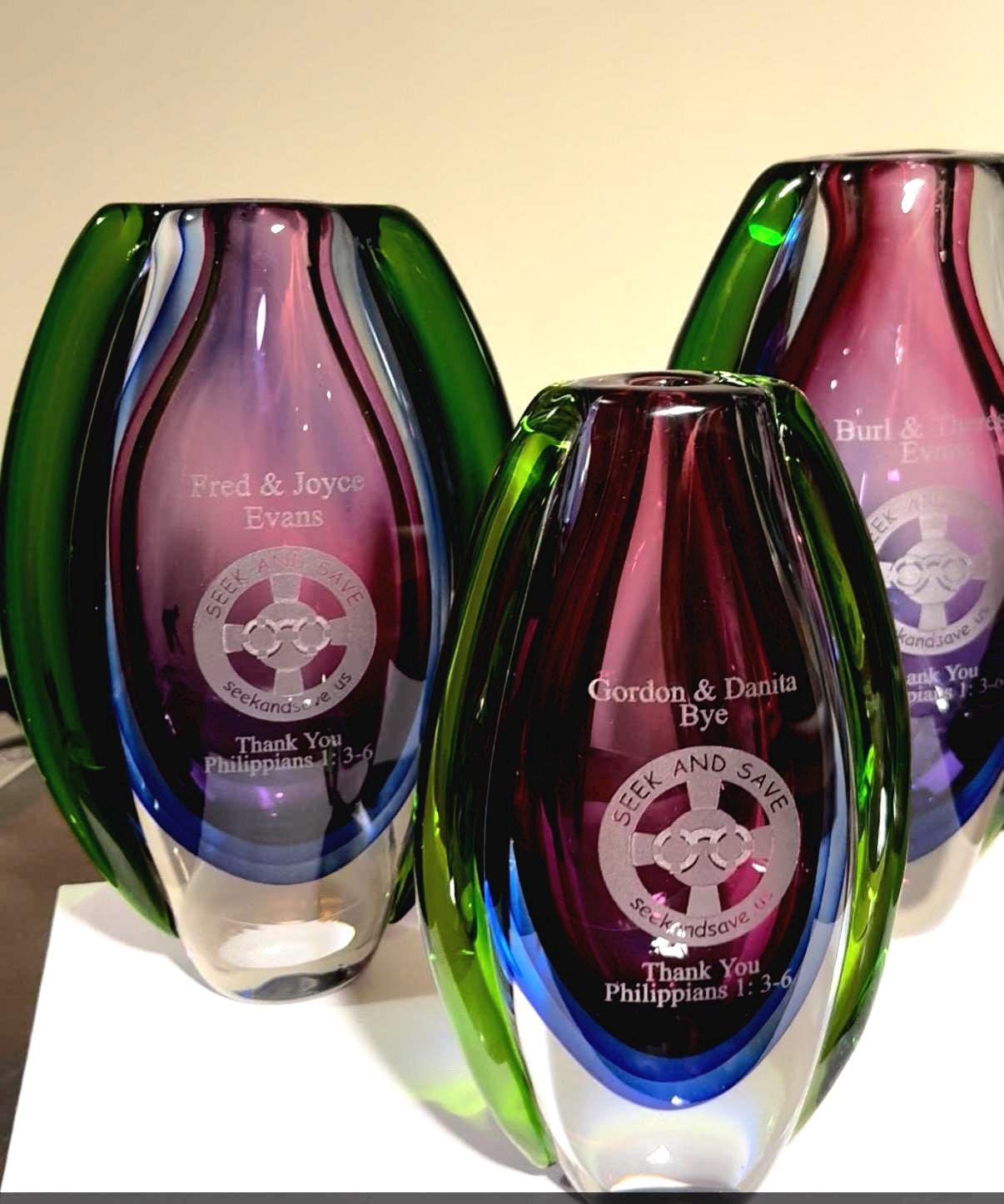 Personalized  Hand Blown Sommerso Oval Art Glass Vase for Decor Centerpiece Table Decoration Blue 10” inch Tall