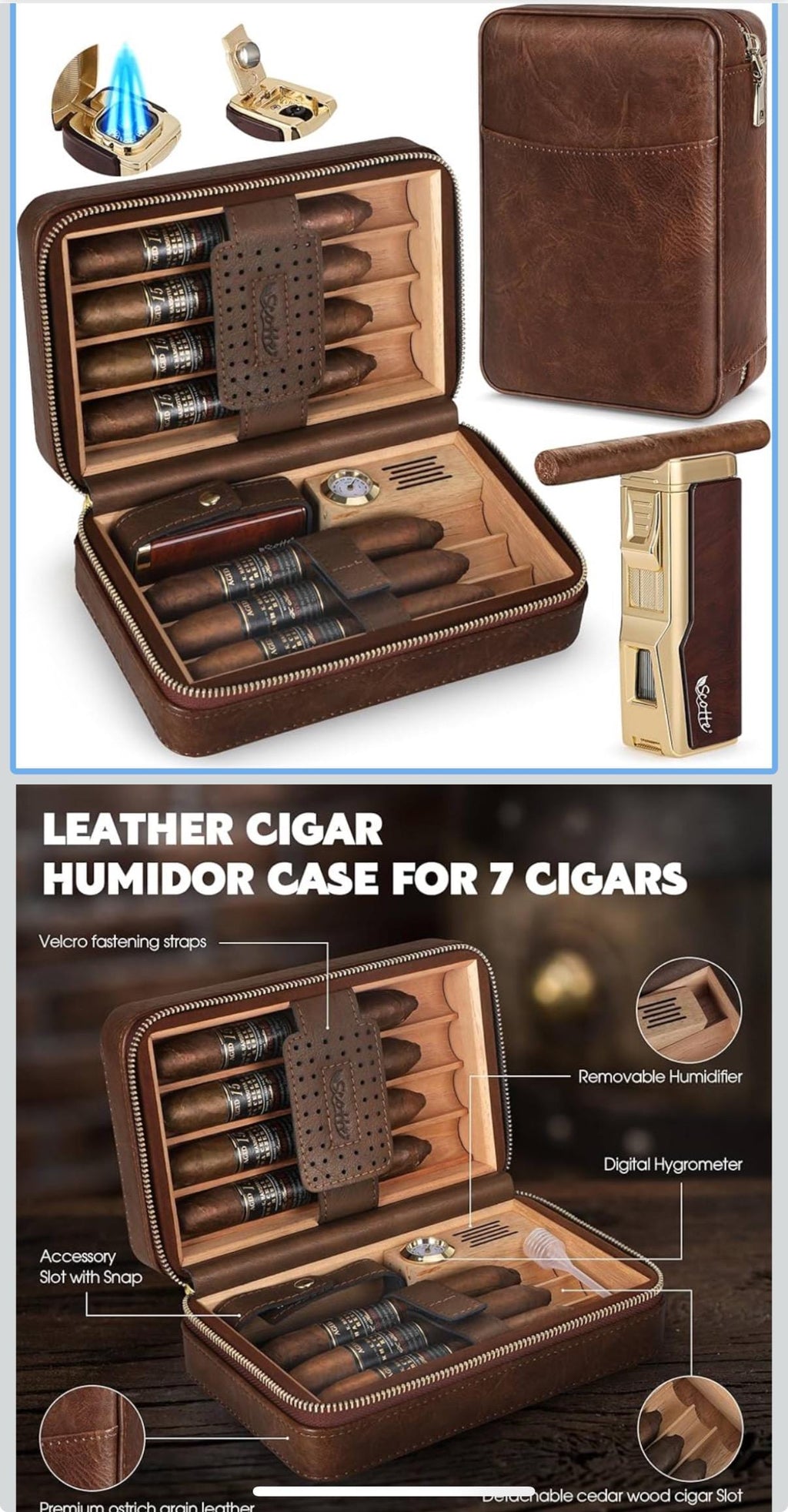 Personalized Scotte Cigar Humidor Box, Cigar Lighter Cedar Wood Lined Leather Cigar Case Built in Hygrometer & Humidifier, Torch Lighter