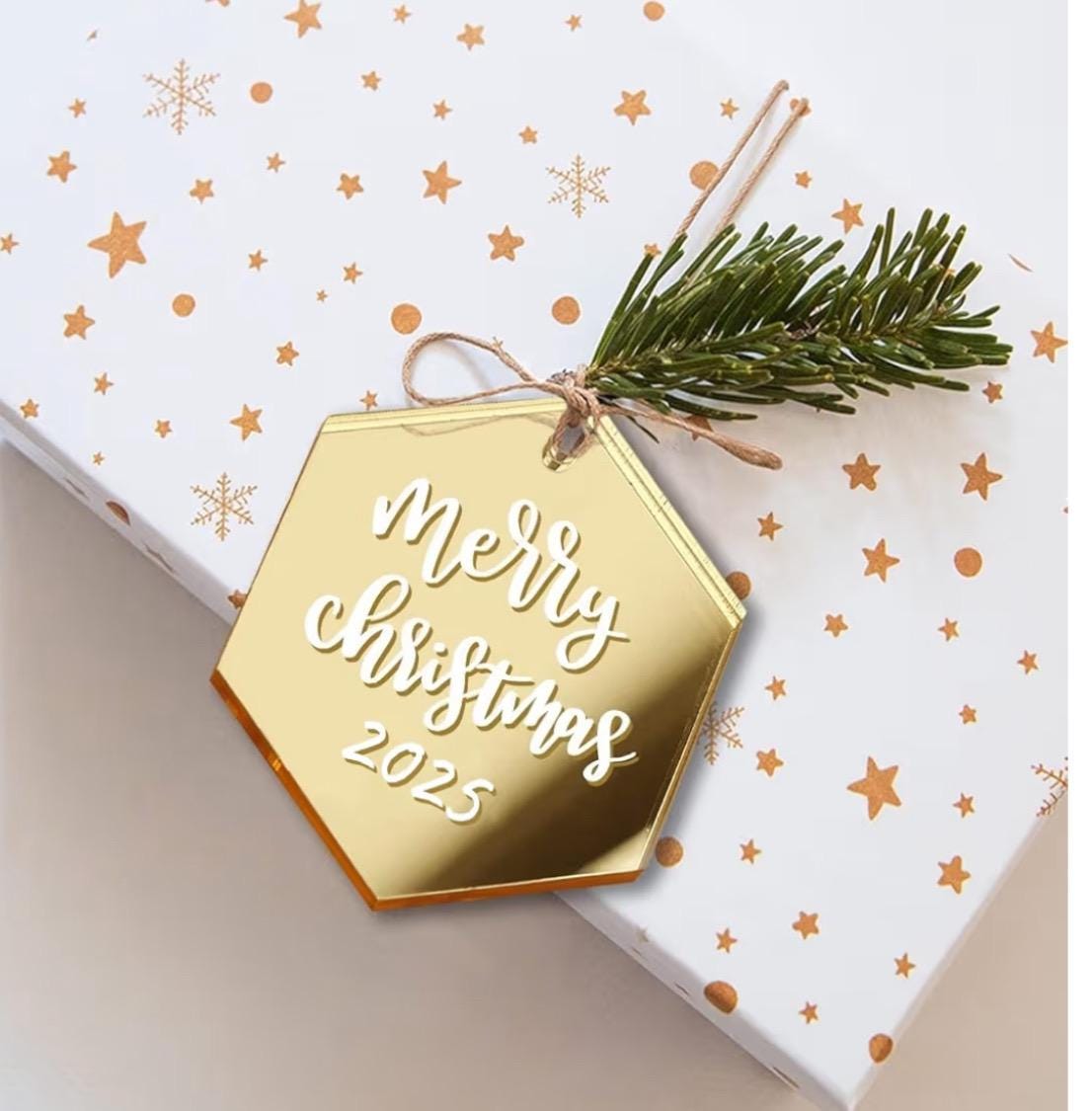 Juego de 10 adornos navideños acrílicos espejados dorados personalizados, adornos hexagonales en blanco,
