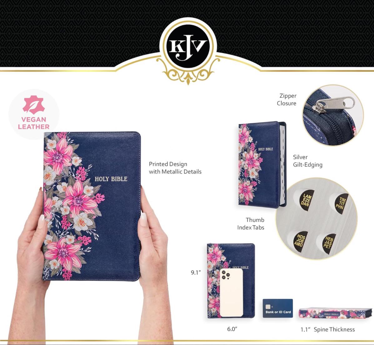KJV Holy Bible Standard Size Faux Leather Red Letter Edition Thumb Index & Ribbon Marker, King James Version, Blue Floral, Zipper Closure