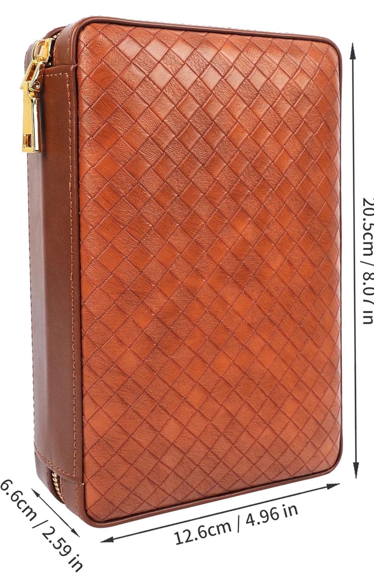 Personalized 4-Finger Portable Brown Weave Texture Travel Leather Cigar Case, Cigar Cutter, Cigar Humidor with and Humidifier