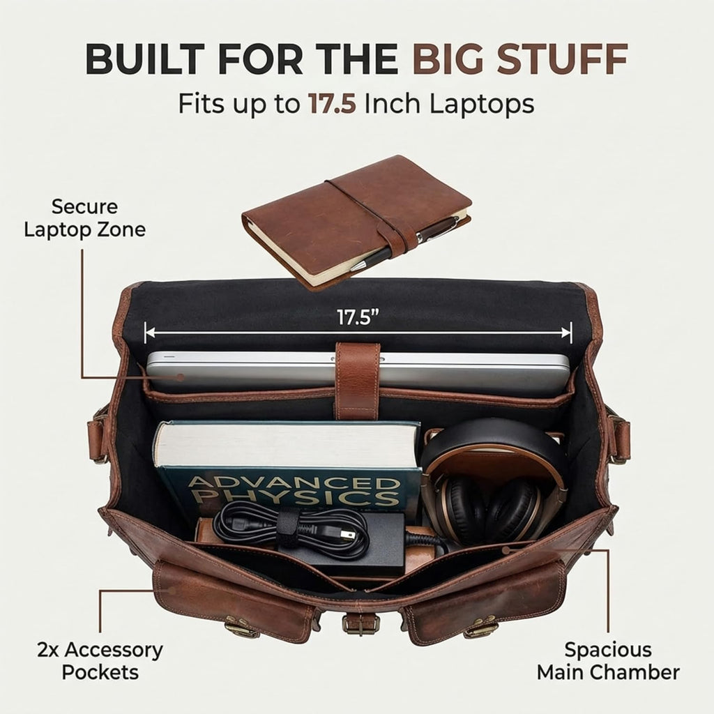 Bolso Bandolera de Cuero Personalizado para Hombre, para Laptop de 18 Pulgadas, Hecho a Mano, de Cuero Genuino