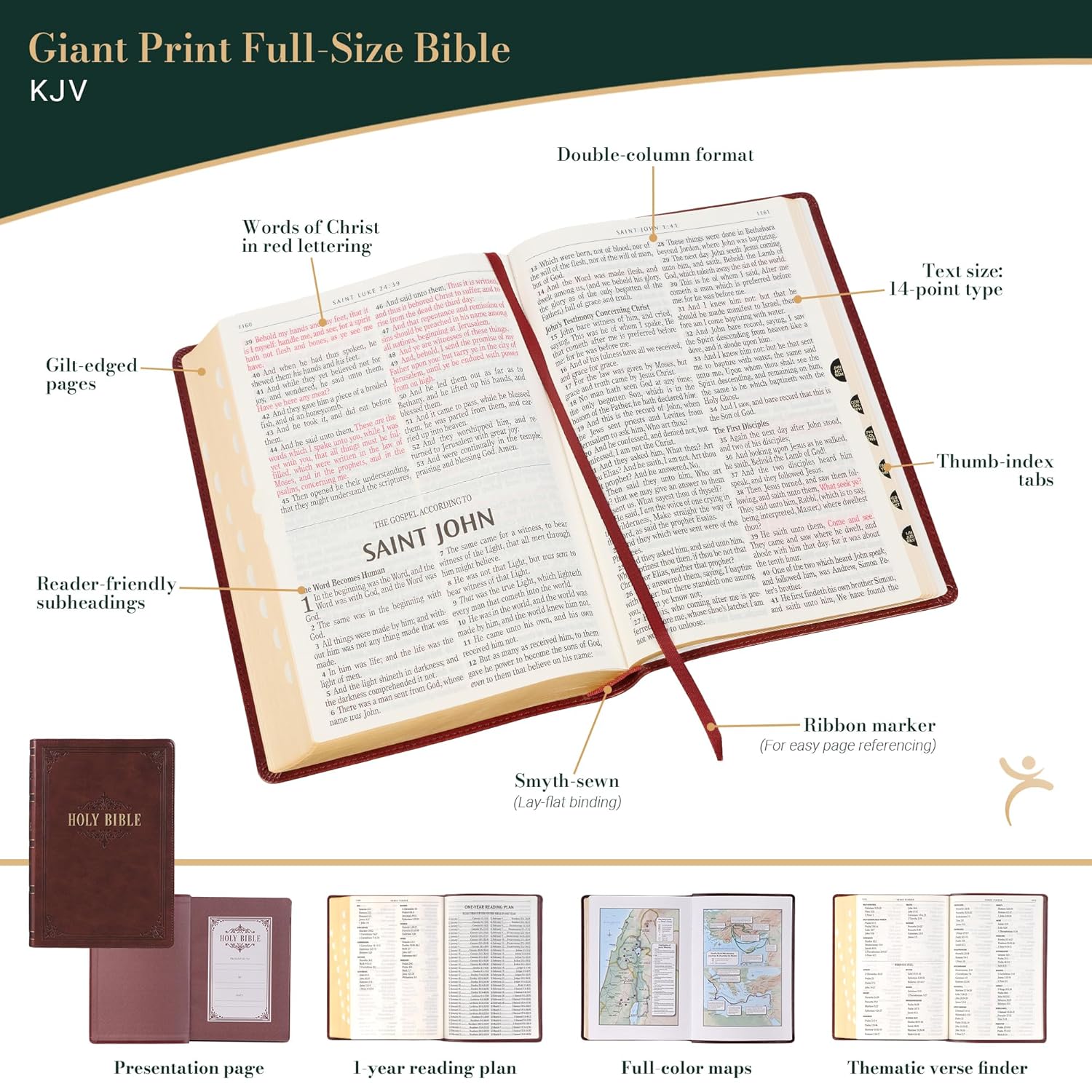 Biblia KJV King James de letra gigante personalizada - Tamaño personal - Luxleather marrón oscuro* Biblia de regalo - Nombre grabado con láser personalizado