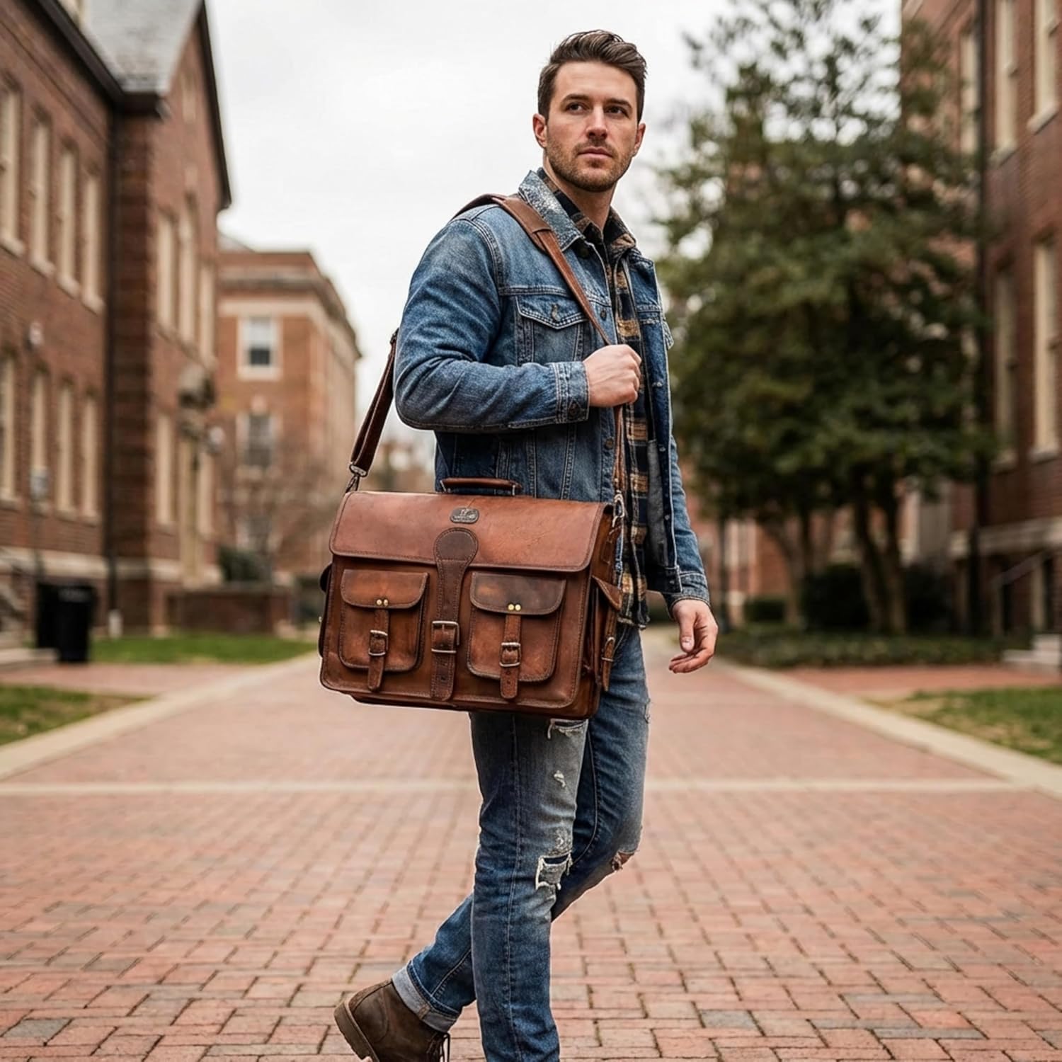 Bolso Bandolera de Cuero Personalizado para Hombre, para Laptop de 18 Pulgadas, Hecho a Mano, de Cuero Genuino