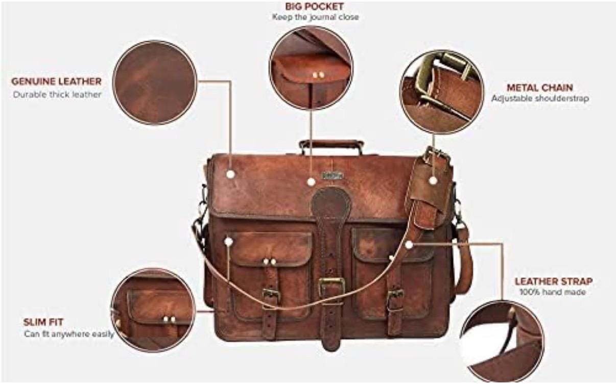 Bolso Bandolera de Cuero Personalizado para Hombre, para Laptop de 18 Pulgadas, Hecho a Mano, de Cuero Genuino