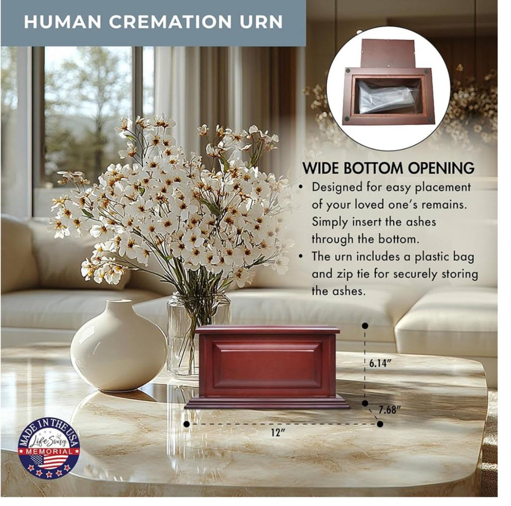 Urnas de madera personalizadas Lifesong Milestones de cerezo con forma de caja de sombra | Caja de urna de cremación conmemorativa para cenizas humanas de adulto