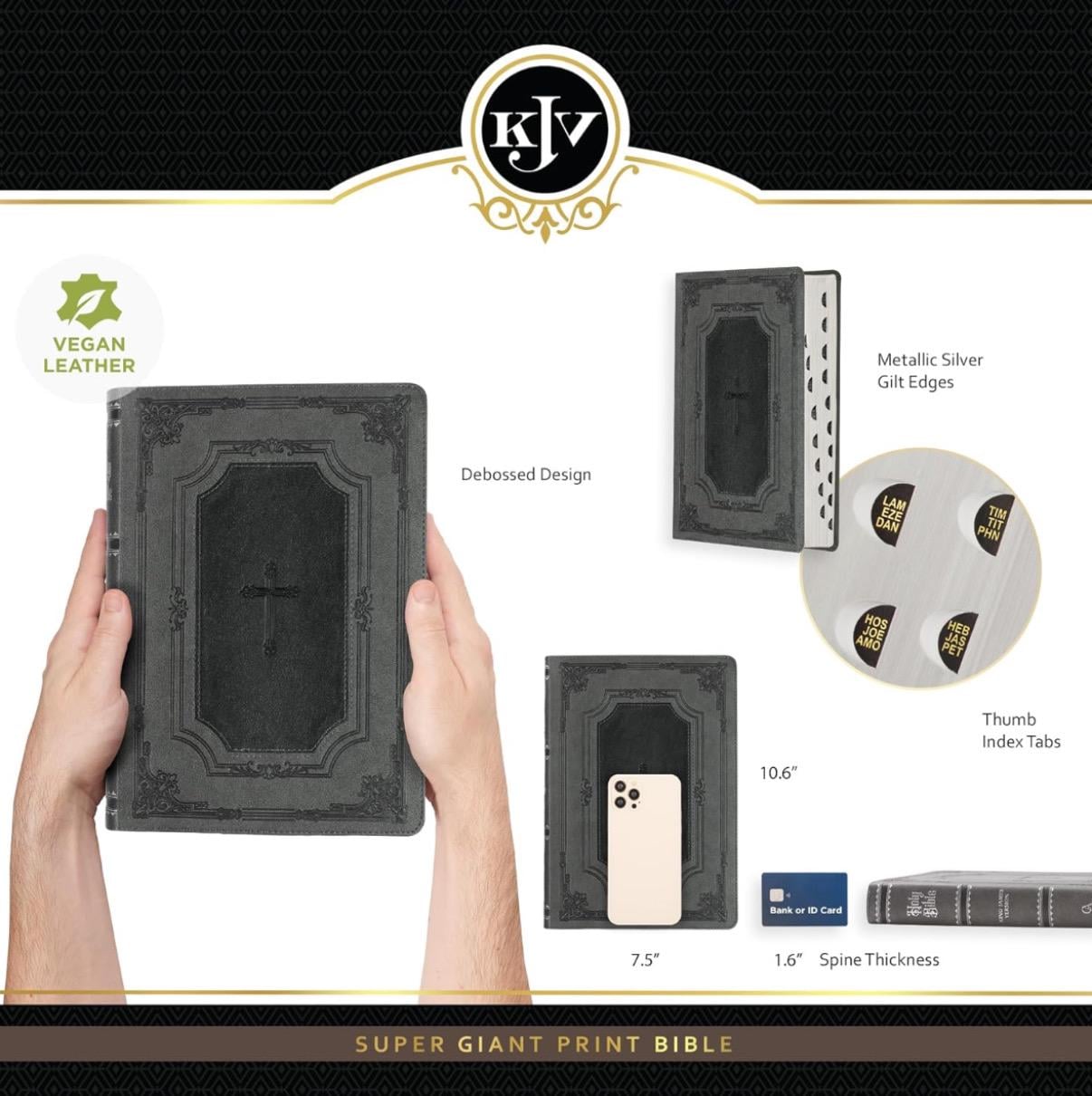 Santa Biblia KJV personalizada, edición de letras rojas en piel sintética con letra supergigante - Índice y cinta marcadora, versión King James, gris/negra