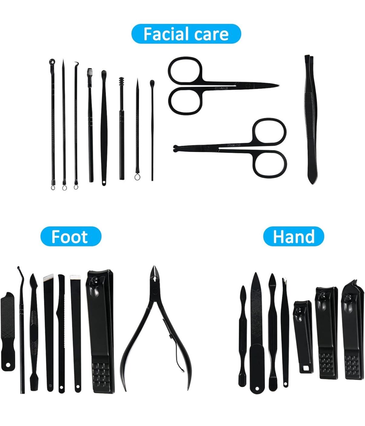 Juego de manicura personalizado Kit de cortauñas profesional-26 piezas Kit de manicura de acero inoxidable, herramientas para el cuidado de las uñas con estuche de viaje de lujo