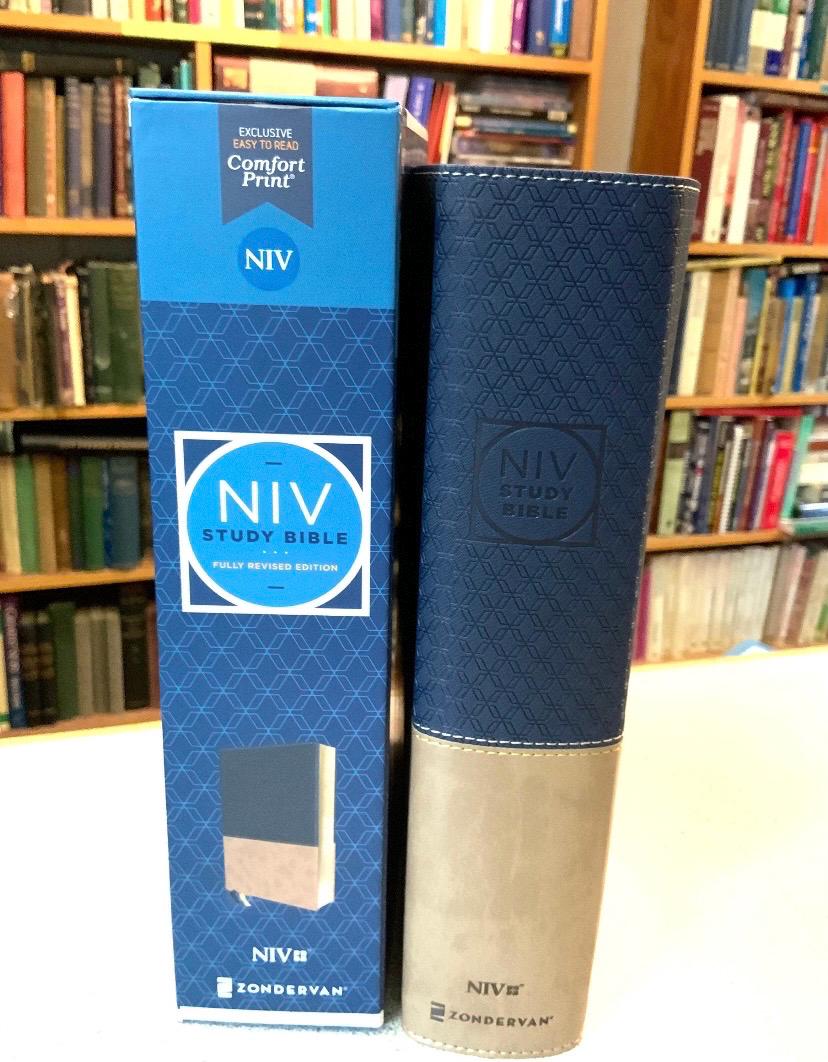Personalized NIV ZONDERVAN STUDY Bible - Navy Blue/ Tan Leather Soft - Red Letter - Custom Engrave Name Imprint -  Men or Women Bible