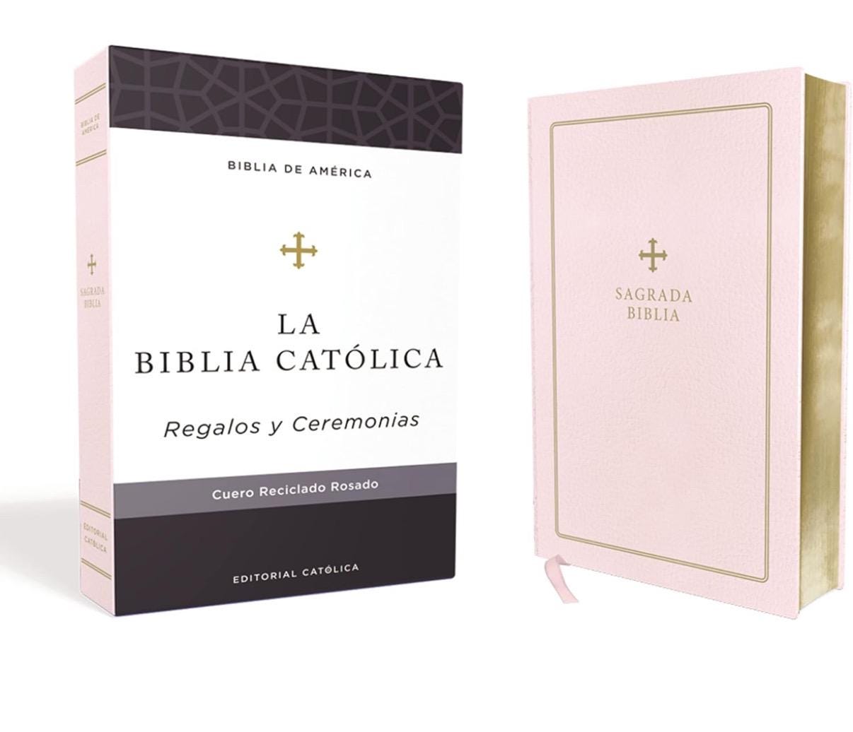 Biblia de America, Spanish Catholic Bible, Recycled Leather, Pink