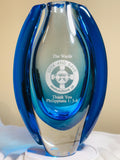 Florero decorativo de cristal soplado a mano ovalado Sommerso de 25,4 cm de alto azul, de la línea de lujo personalizada