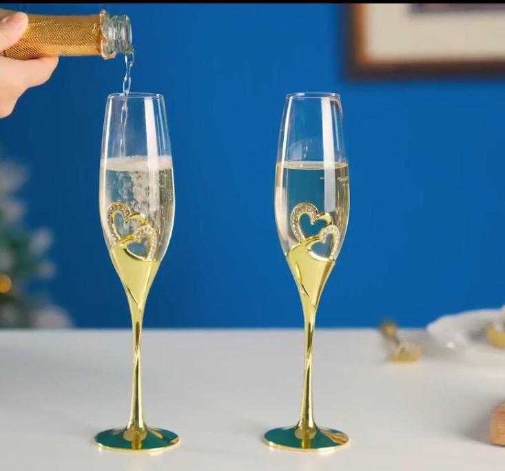 Copas de champán personalizadas para boda, corazones de diamantes de imitación dorados, juego de 2