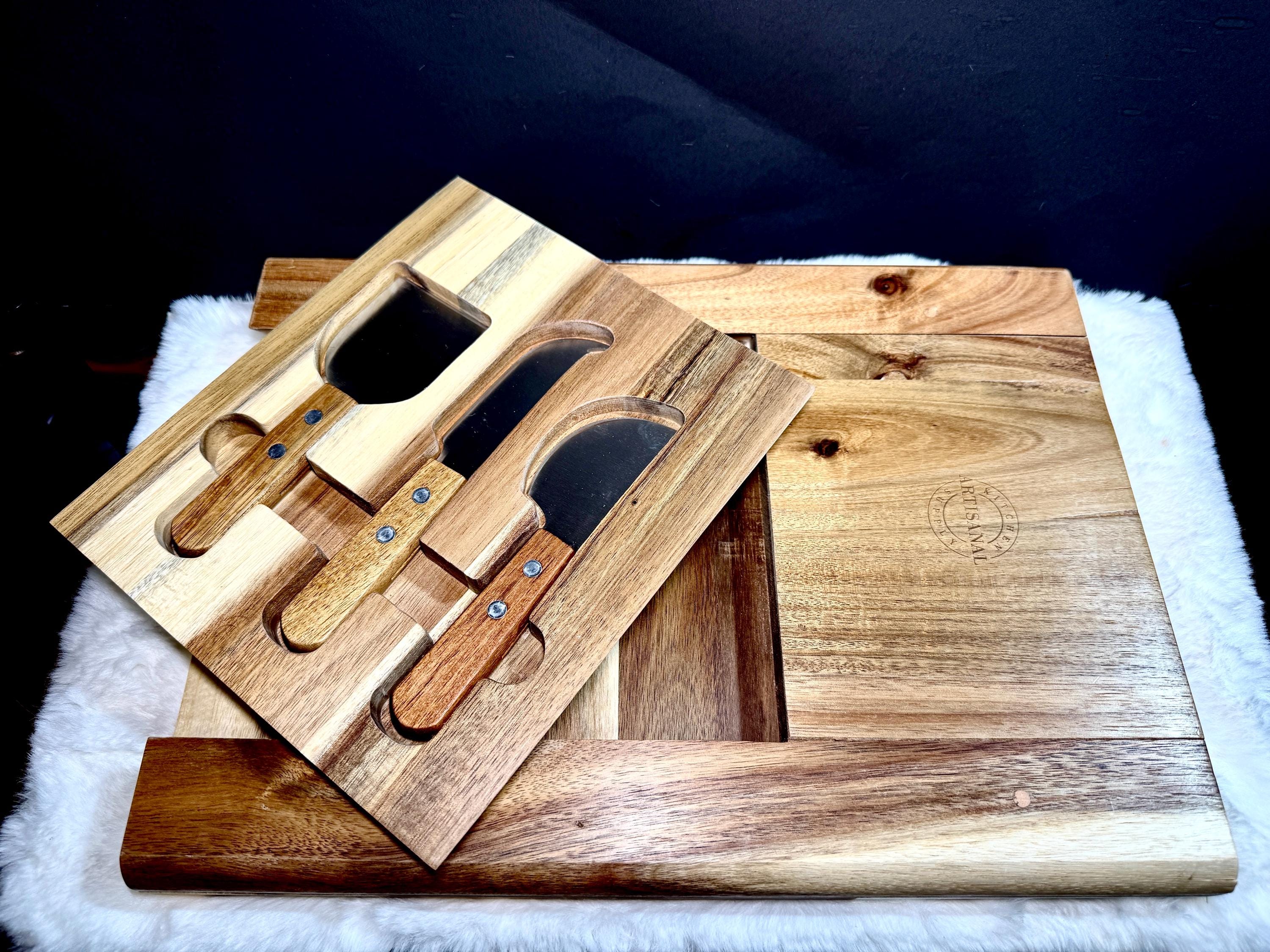 Tabla de quesos y embutidos personalizada de mármol y madera - Juego de cuchillos para queso