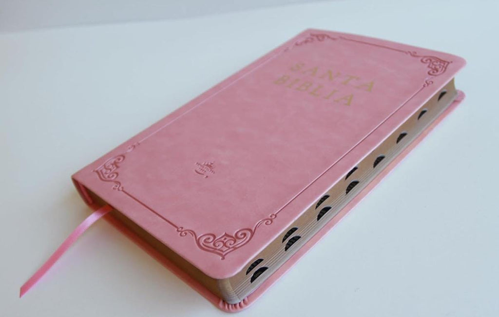 Personalized Biblia RVR 1960 letra grande tamaño manual, Piel rosada con índice / Spanish Bible RVR 1960 Handy Size Large Print