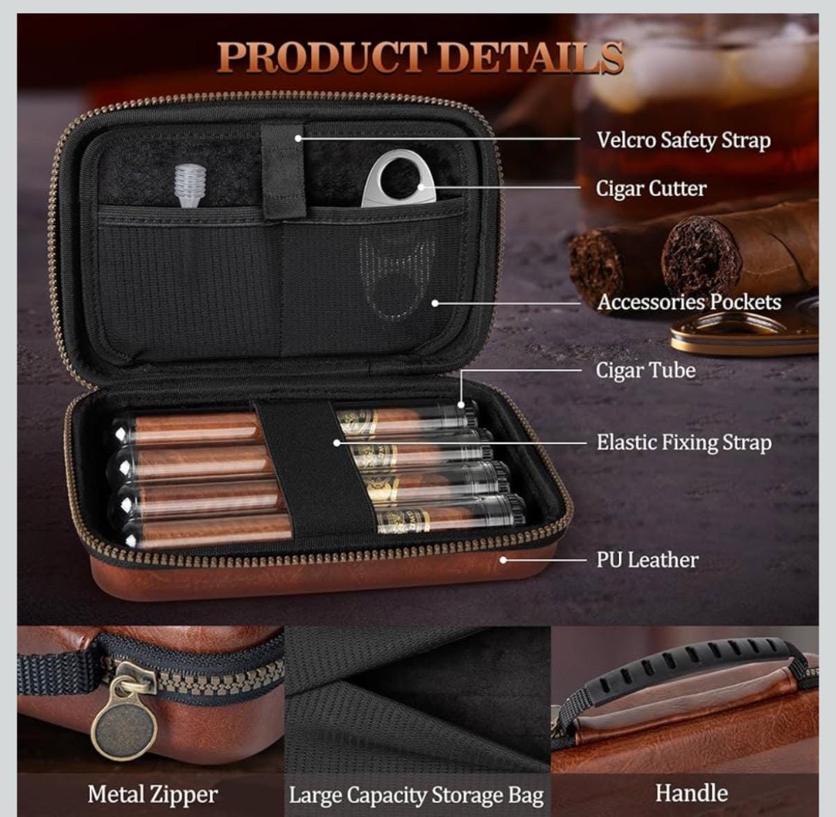 Caja Humidor de Viaje Personalizada con Encendedor y Estuche Portátil de Cuero con 4 Tubos y Accesorios para Puros