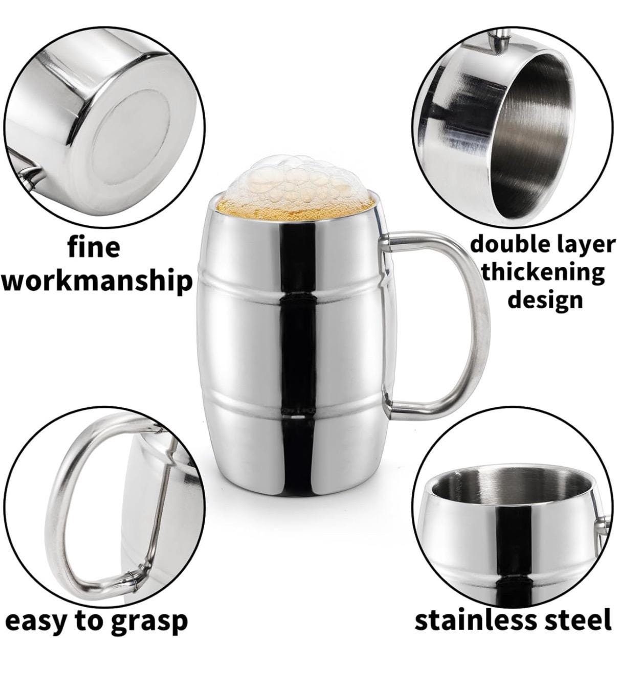Personalized 4 Pack Stainless Steel Barrel Mugs, 15 OZ Double Walled Beer Stein with Strong Handle, Heat Insulated and cold insulated
