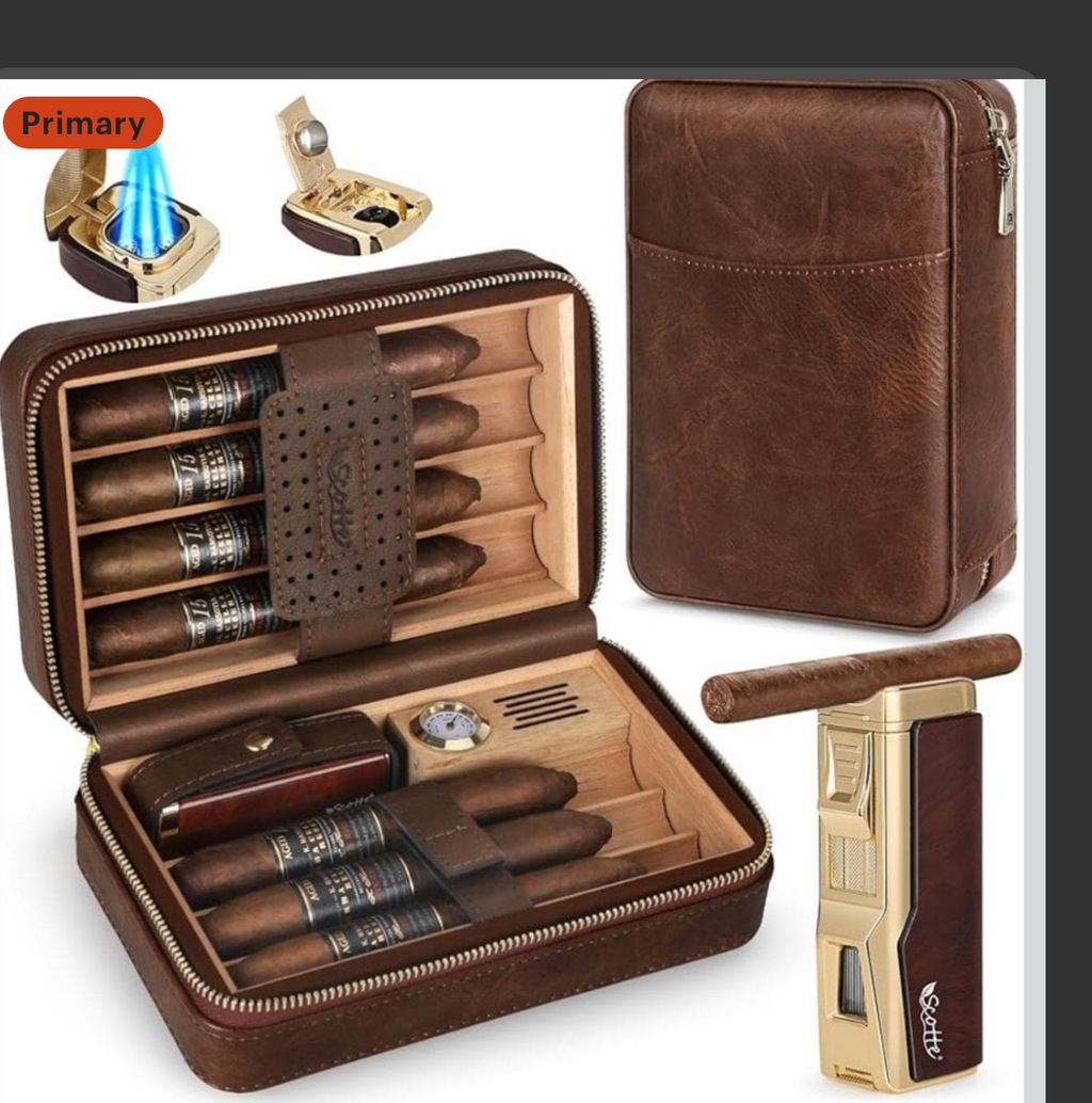 Humidor de puros de cuero personalizado, caja forrada de cedro con encendedor