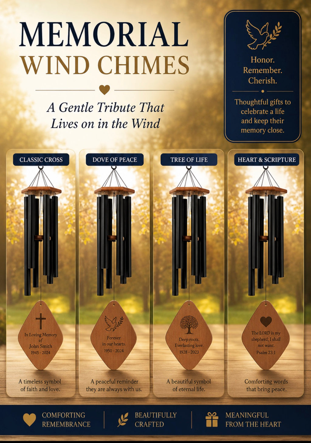 Campanas de viento conmemorativas personalizadas, tono profundo, para exteriores, 44 pulgadas, melodía relajante