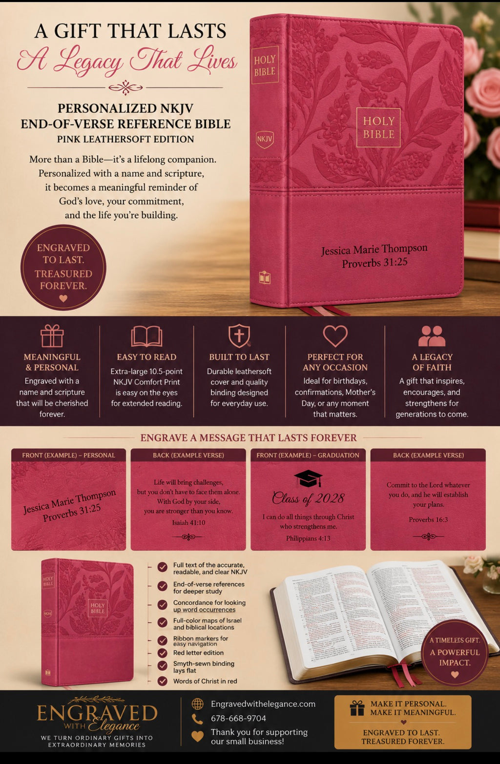 Santa Biblia: Biblia de referencia RVR personalizada, tamaño personal, letra grande, piel sintética, rosada, palabras de Jesús en rojo, Comfort Print