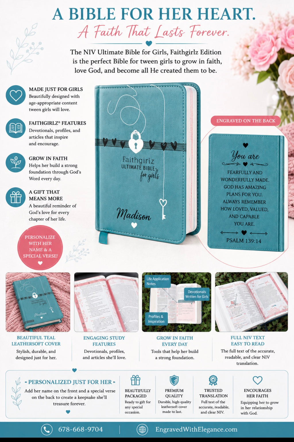 NIV Personalizada, Biblia para Chicas, Edición Faithgirlz, Tapa Blanda, Verde Azulado- Agregue su nombre y un versículo