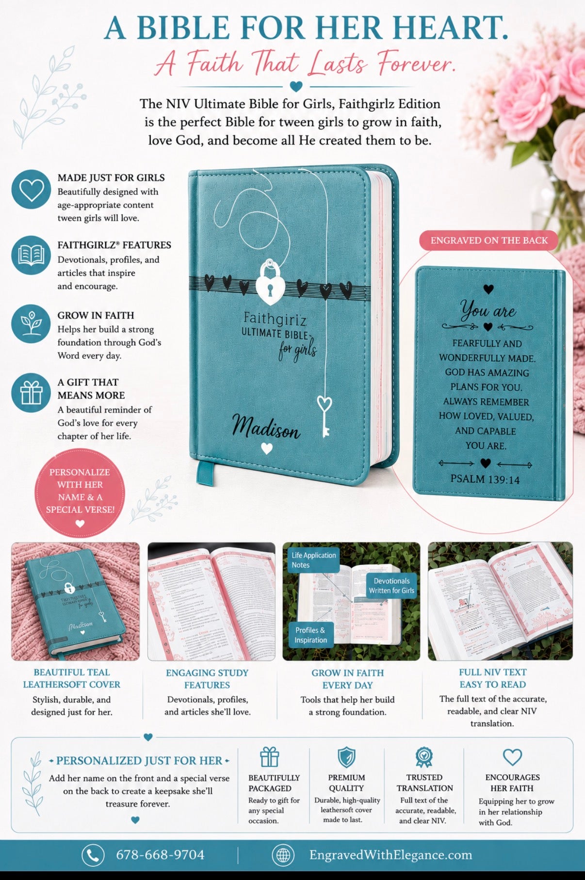 Personalized NIV, Ultimate Bible for Girls, Faithgirlz Edition, Leathersoft, Teal- Add her name and a verse
