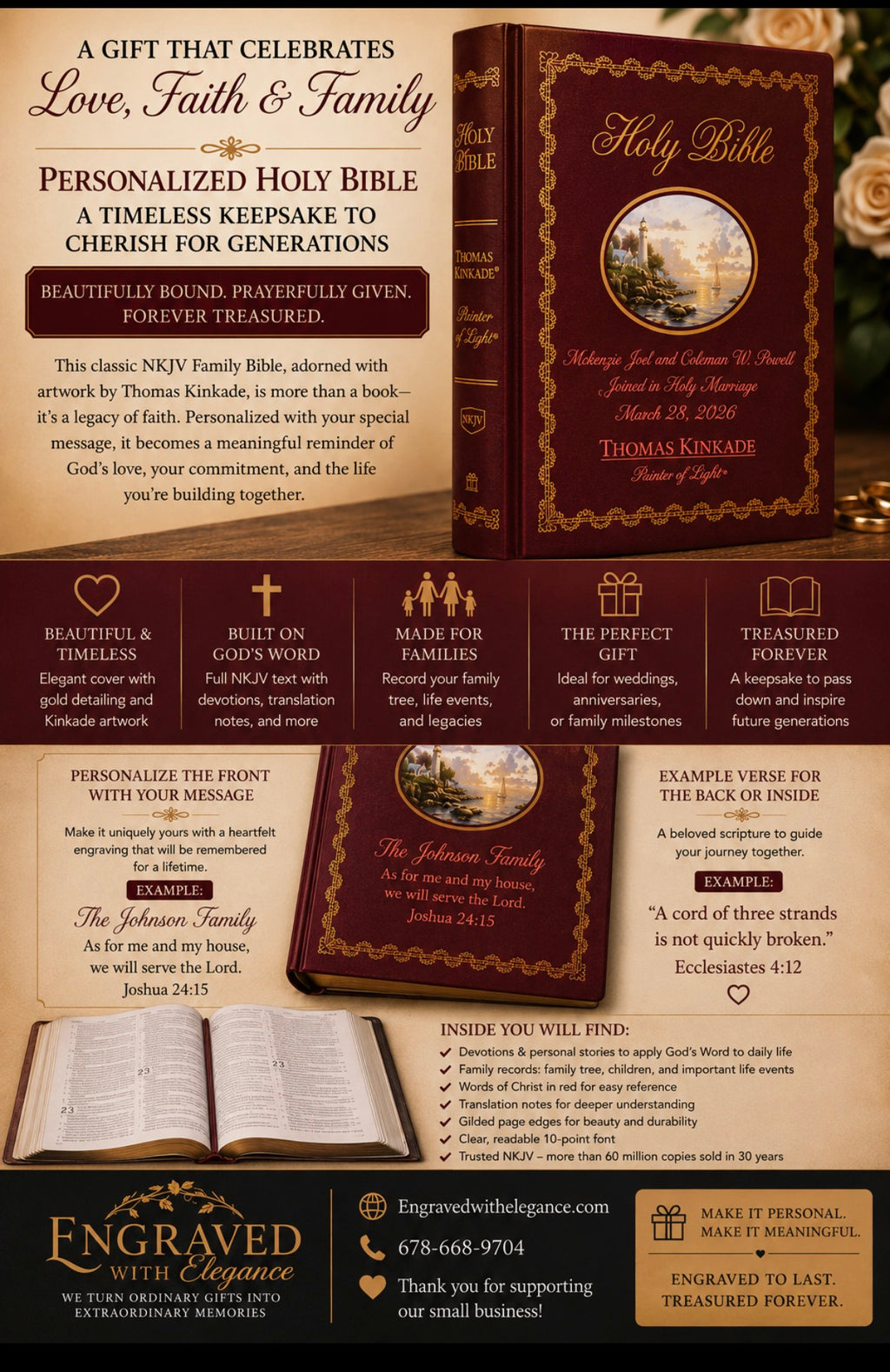 Biblia familiar personalizada (NKJV) – Regalo de recuerdo con nombre y versículo grabados a medida