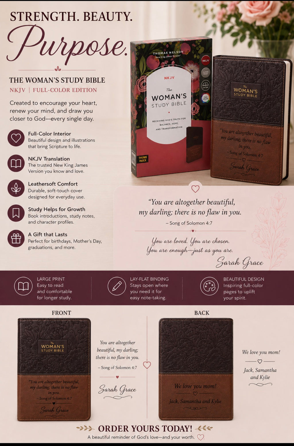 NKJV personalizada, La Biblia de Estudio de la Mujer, encuadernación rústica imitación piel, marrón/burgundy, Letra Roja, Edición a todo color: