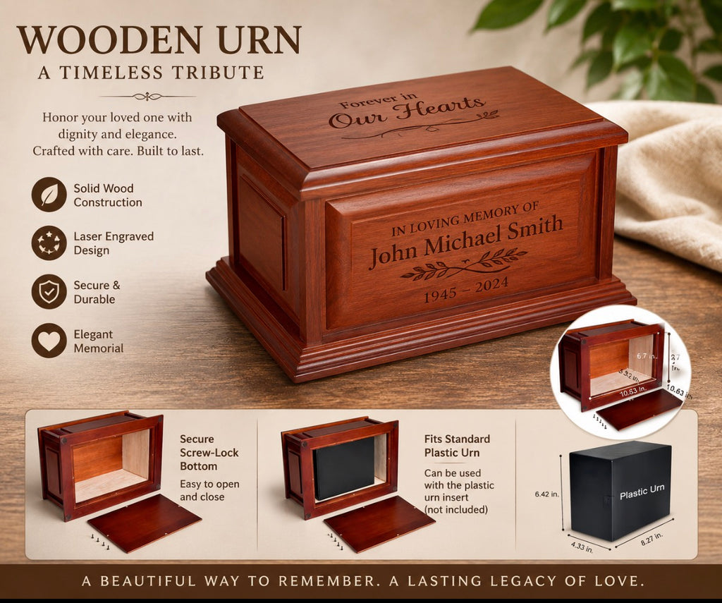 Urnas de madera personalizadas Lifesong Milestones de cerezo con forma de caja de sombra | Caja de urna de cremación conmemorativa para cenizas humanas de adulto
