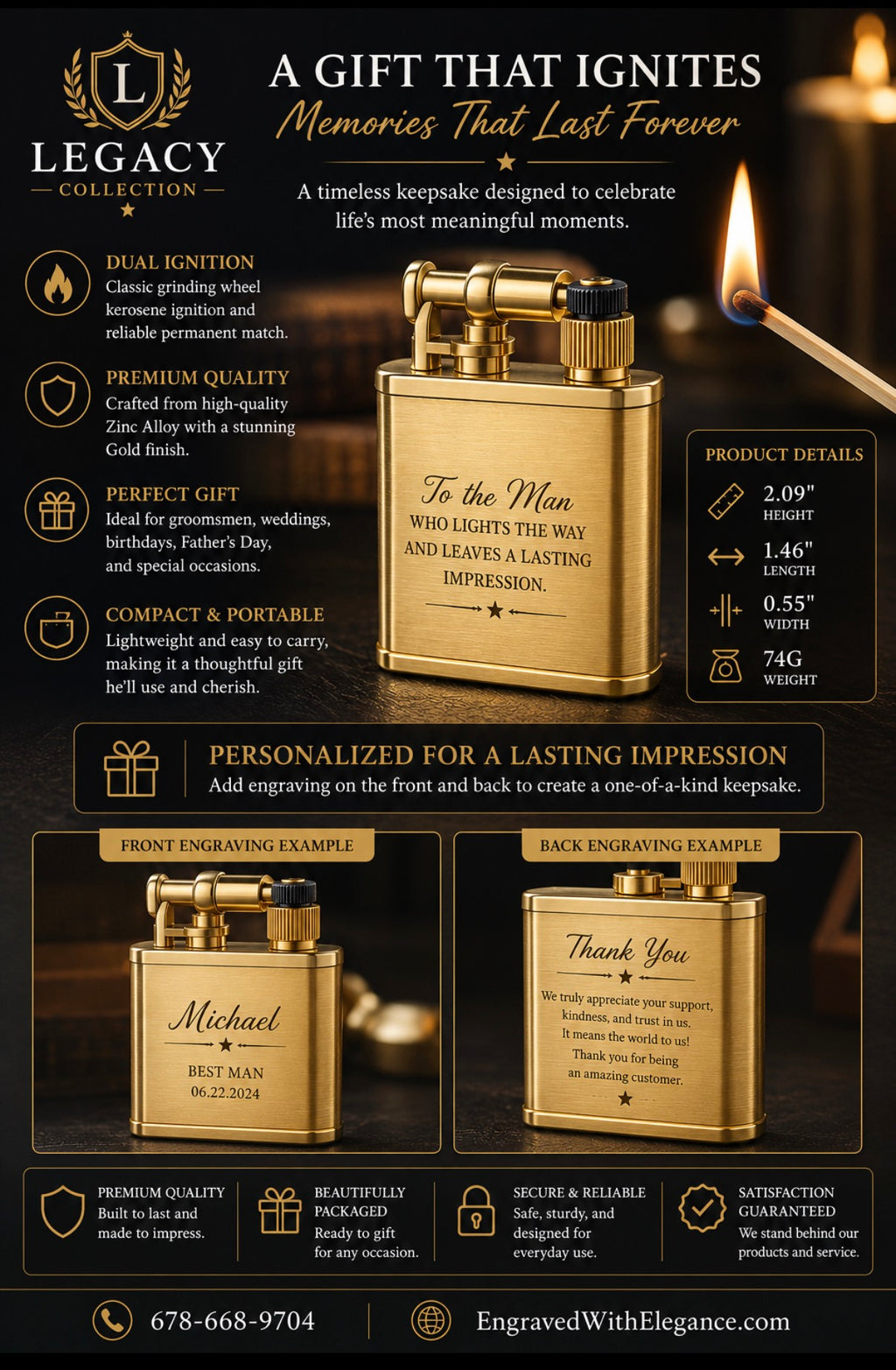 Encendedor dorado personalizado, Regalo para padrino de boda