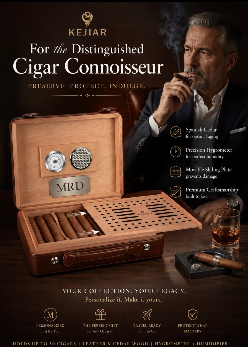 Humidor grande personalizado para puros, caja de puros de madera de cedro con higrómetro, humidificador, divisor, de viaje con capacidad para 50 puros