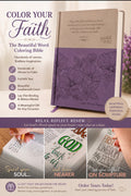 Biblia para colorear Beautiful Word de la NVI, de letra grande, personalizada, piel sintética, morado/marrón: Cientos de versículos para colorear