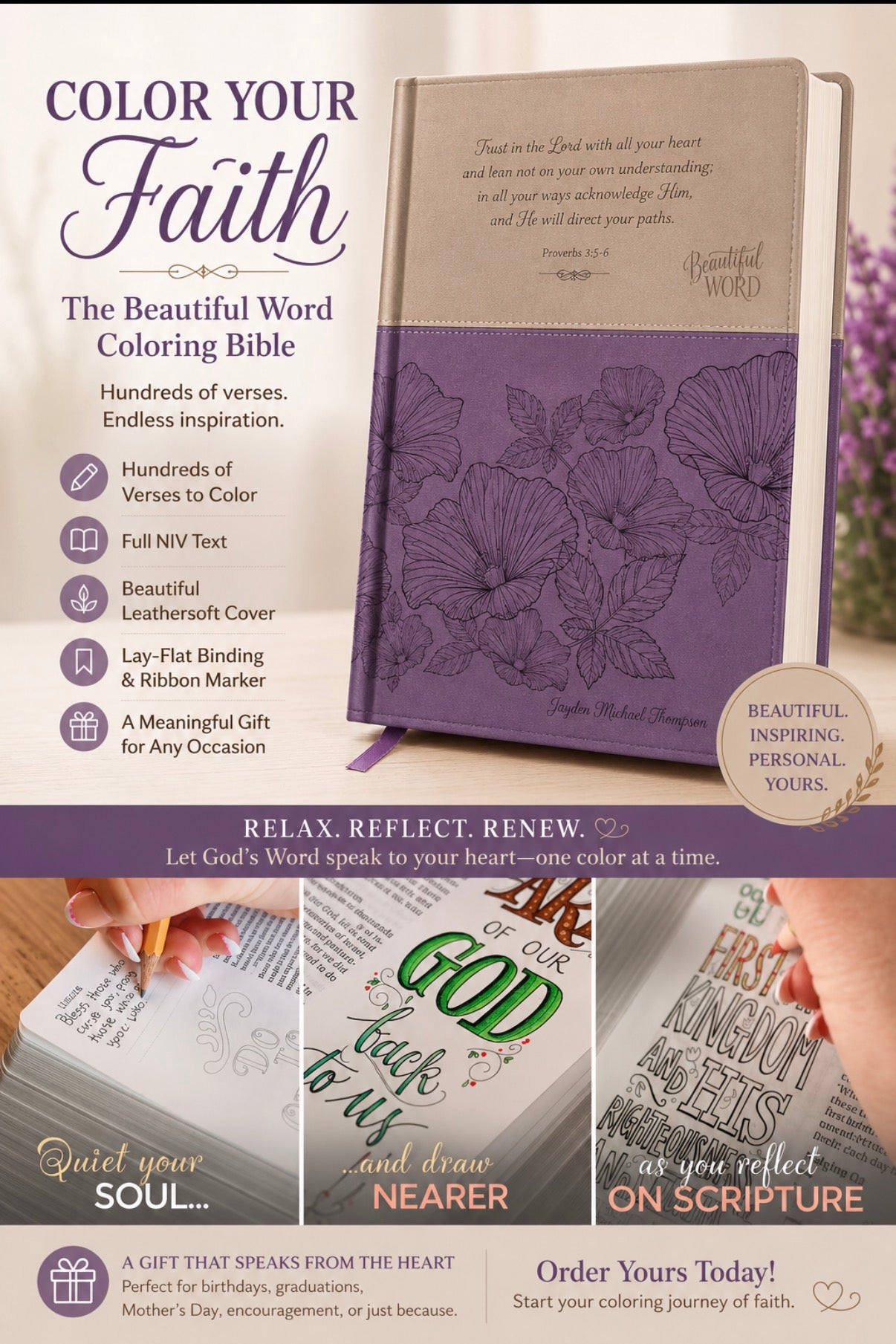 Personalized NIV, Beautiful Word Coloring Bible, Large Print, Leathersoft, Purple/Tan: Hundreds of Verses to Color