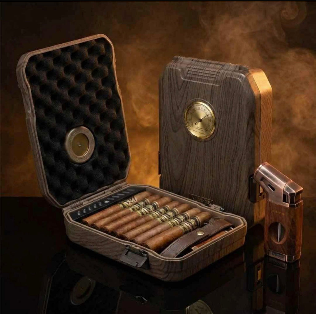 Personalized Travel Cigar Humidor Case - Cedar Lined, V Cut Cutter, Portable Humidor with Humidifier & Hygrometer, Holds 7-9 Cigars
